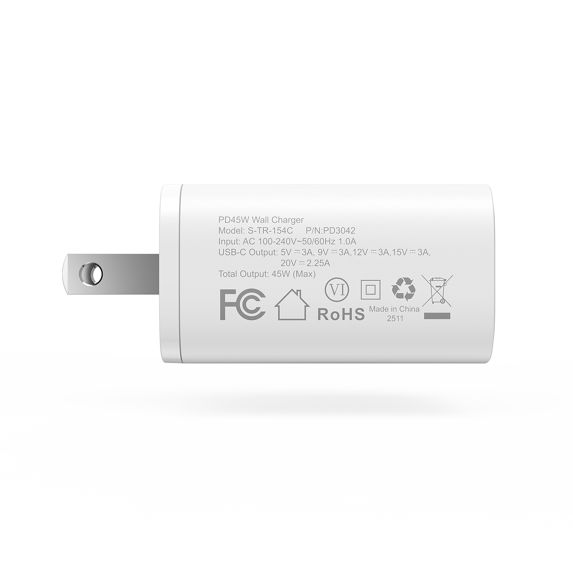Mukiya White Charger Showing Global Safety Standards and Intelligent Power Allocation Markings