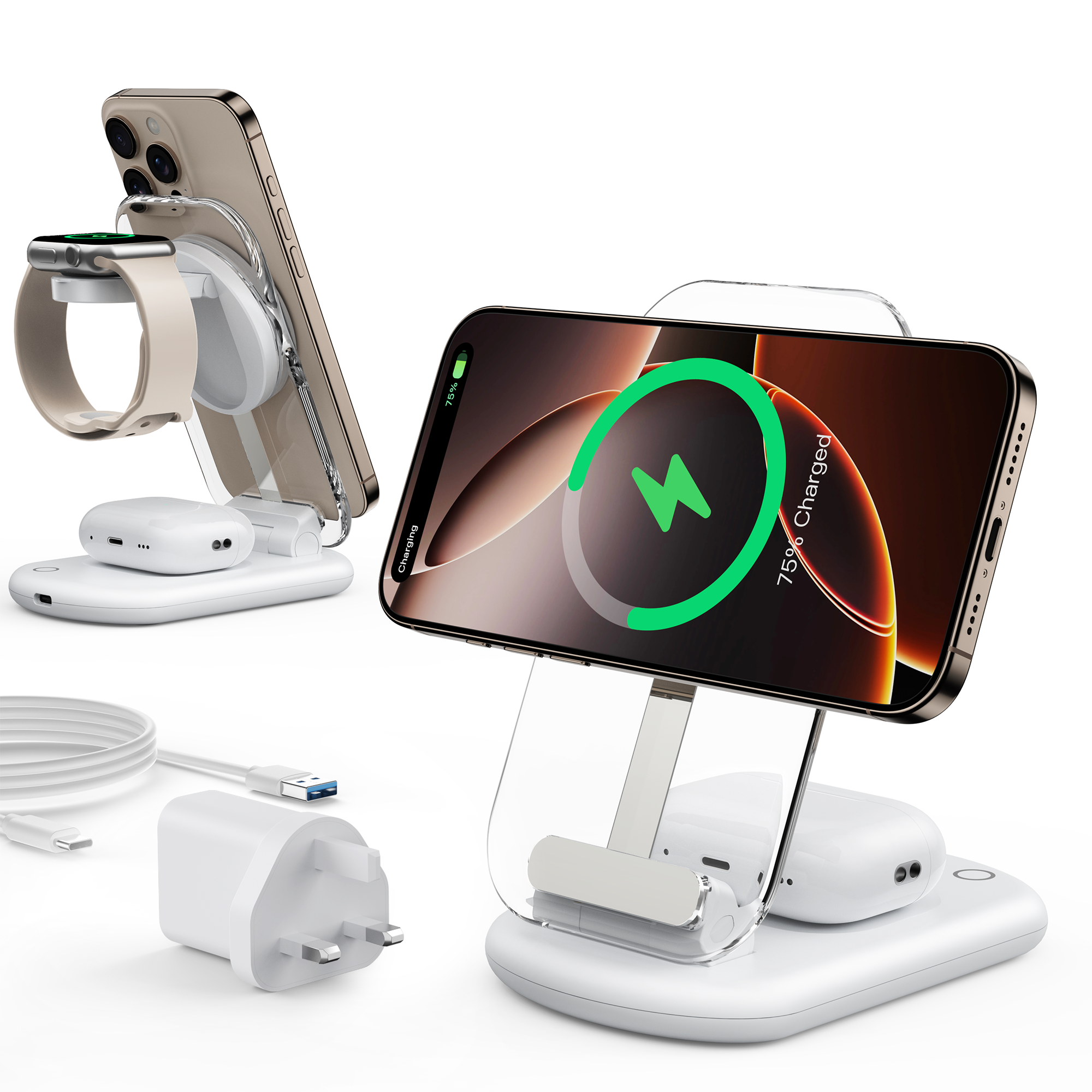 Mukiya 3-in-1 Transparent Magnetic Wireless Charging Station for iPhone 17 series, Apple Watch and AirPods
